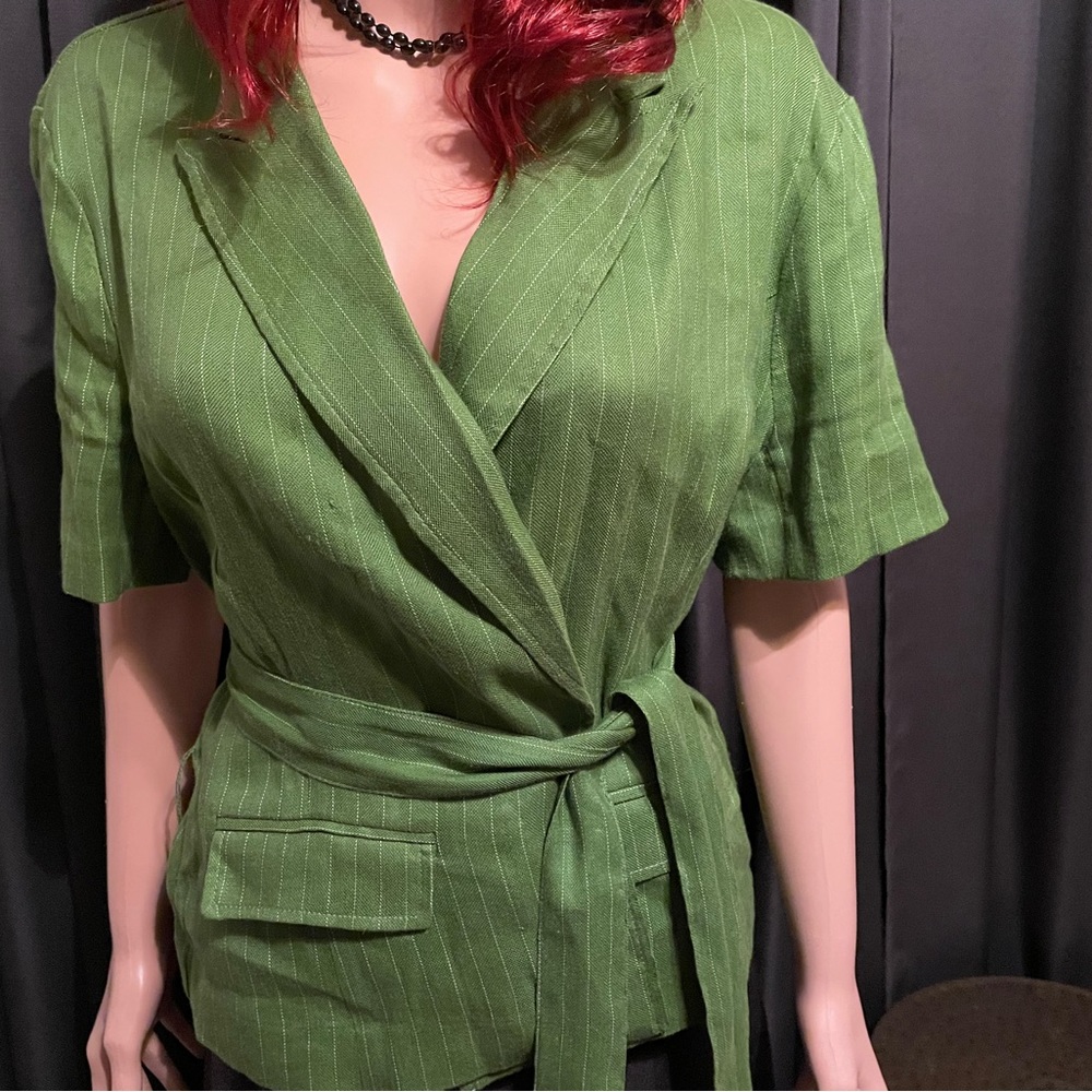 Green and White New York and Company Linen Suit Jacket with Belt